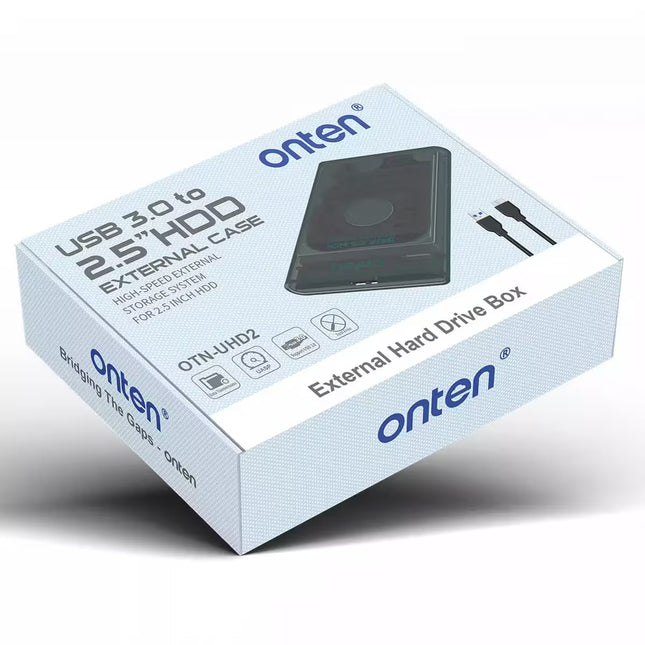 Retail packaging of the ONTEN UHD2 USB 3.0 external hard drive enclosure for 2.5-inch SATA HDDs and SSDs.