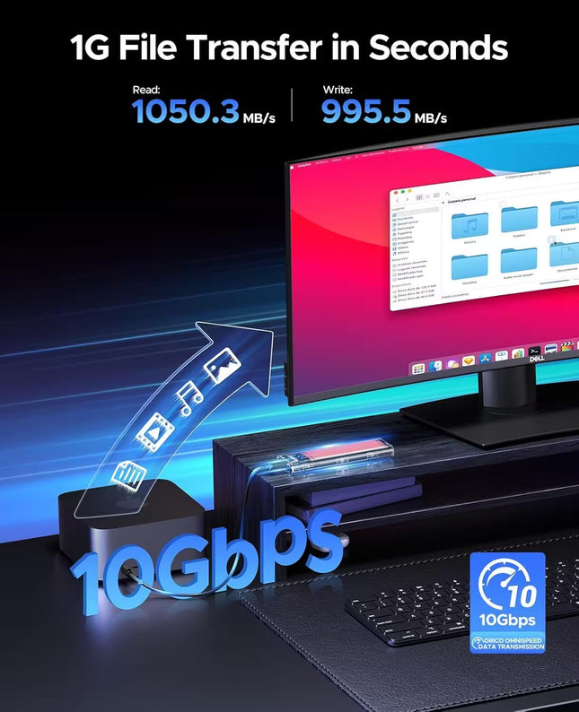 Computer monitor with file transfer speed display on a desk