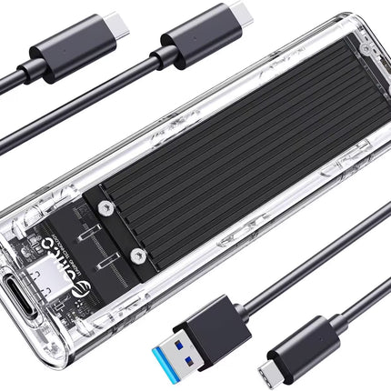 Portable hard drive with USB and Type-C cables on a white background