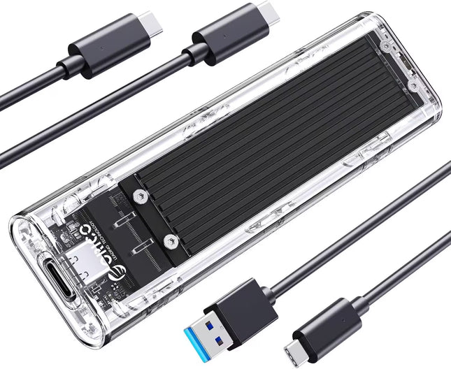 Portable hard drive with USB and Type-C cables on a white background