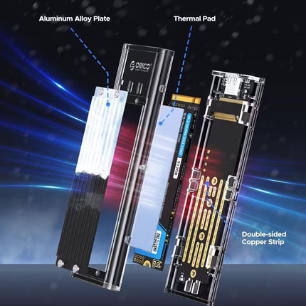 Orico computer hardware components with heat dissipation features on a dark background