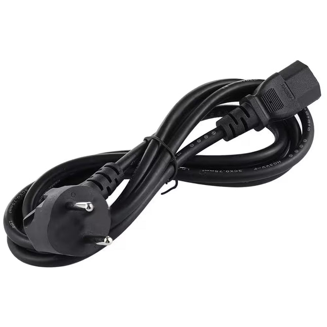 Coiled PC power cable featuring a European 2-pin plug and an IEC C13 connector, designed for desktop computers, monitors, and power supplies.