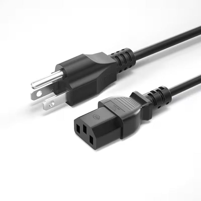 PC power cord with a US 3-prong plug and IEC C13 female connector, suitable for desktop PCs, monitors, printers, and other compatible devices.