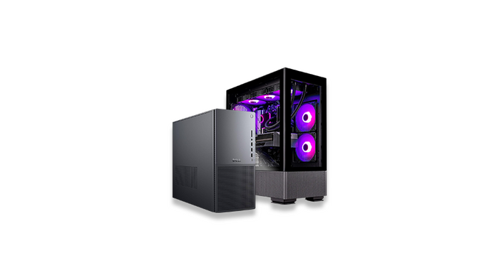 Two computer cases on a white background, one black and one with purple lighting.