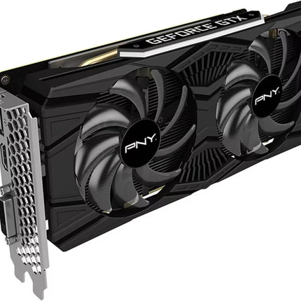 PNY GeForce GTX graphics card with dual fans on a white background