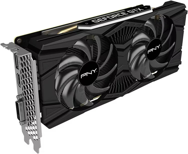 PNY GeForce GTX graphics card with dual fans on a white background