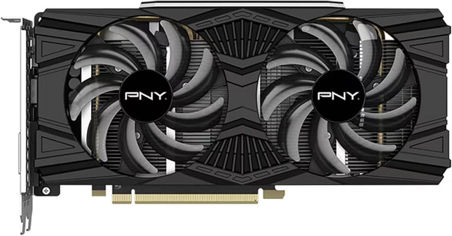 PNY graphics card with dual fans on a white background