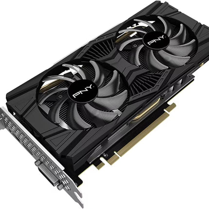 GPU with dual fans and PNY branding on a white background