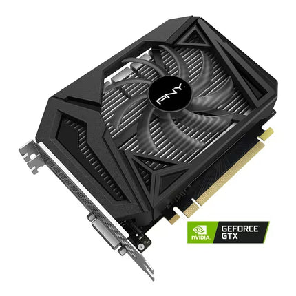 High-angle product shot of a PNY GeForce GTX 1650 SUPER graphics card with a single cooling fan, featuring an official green and black NVIDIA GeForce GTX logo in the bottom right corner.