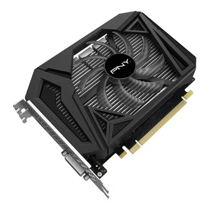 High-angle isolated view of a compact PNY GeForce GTX 1650 SUPER 4GB graphics card, showing the matte black shroud design, a single fan with the PNY logo, and the PCIe connector.