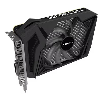 A PNY GeForce GTX graphics card with a black dual-fan cooling system, shown at an angle on a solid white background.