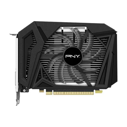 A PNY graphics card with a black and dark gray dual-fan design, featuring a gold PCI-E connector at the bottom, shown on a plain white background.