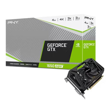 Retail packaging box of the PNY GeForce GTX 1650 SUPER 4GB GDDR6 graphics card displayed next to the actual compact single-fan GPU.