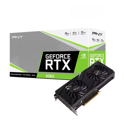 NVIDIA GeForce RTX 3060 graphics card shown in front of its retail packaging box by PNY on a clean white background.