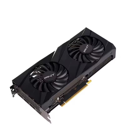 A black PNY graphics card with a dual-fan design, shown at an angle on a plain white background.