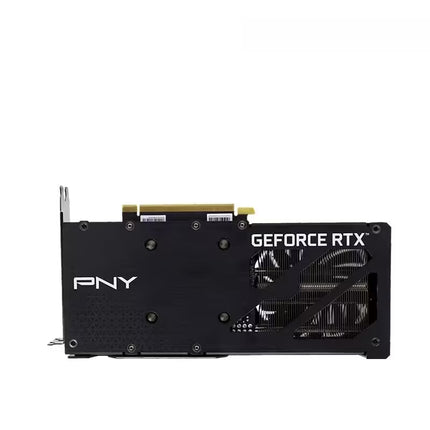 A PNY GeForce RTX graphics card shown from the rear side, featuring a black metal heatsink design with a gold PCIe connector, set against a plain white background.