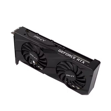 Black PNY GeForce RTX graphics card with a dual-fan design, shown at an angle on a plain white background.