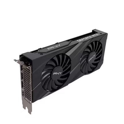 A PNY GeForce RTX graphics card with a black dual-fan design, shown at an angle on a plain white background.