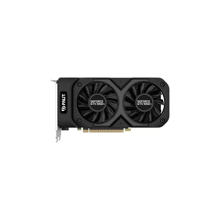 Top-down flat view of a black Palit GeForce GTX 1050 Ti graphics card, showcasing its dual cooling fans with white logo branding and a clean, rectangular shroud design against a plain white background.