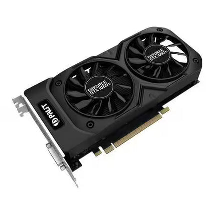 Perspective angled view of a black Palit GeForce GTX 1050 Ti dual-fan graphics card, showing the texture of the plastic shroud, the fan blades with central product stickers, and the gold-plated PCIe connector at the bottom.