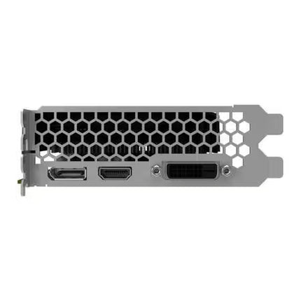Close-up view of the rear I/O bracket of a Palit graphics card, featuring a honeycomb mesh ventilation grille and three video output ports: one DisplayPort, one HDMI, and one DVI-D port.