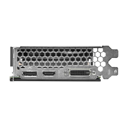Rear I/O steel bracket of a graphics card showing its display outputs, including one DisplayPort, one HDMI port, and one Dual-Link DVI-D port, set against a honeycomb-patterned ventilation grille.