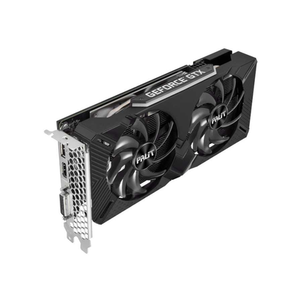 Isometric high-angle view of a Palit GeForce GTX 1660 SUPER GamingPro graphics card, showcasing its dual cooling fans with the Palit logo, the "GEFORCE GTX" branding printed on the top edge, and its silver mounting bracket.