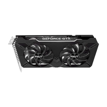 Top oblique view of a black dual-fan Palit GeForce GTX 1660 SUPER GamingPro graphics card, highlighting the textured shroud, central Palit logos on the fans, and the explicit "GEFORCE GTX" logo on the upper side panel.