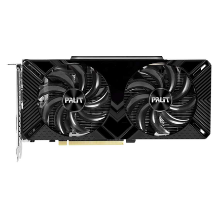 Direct front view of a Palit GeForce GTX 1660 SUPER GamingPro graphics card, focusing on the dual-fan cooling system with curved blades, the central Palit logo stickers, the PCIe connector pin bar, and the underlying aluminum heatsink fins.