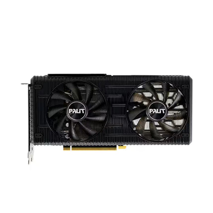 A black PALIT graphics card with a dual-fan design, shown from a top-down perspective on a solid white background.