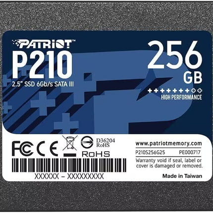 Patriot P210 256GB 2.5-inch SATA III SSD on a dark gray textured background, showing the product label with specifications and barcodes.