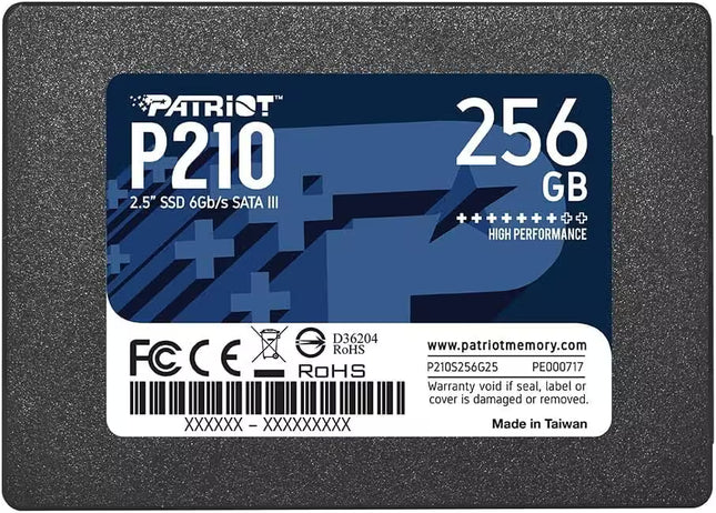 Patriot P210 256GB 2.5-inch SATA III SSD on a dark gray textured background, showing the product label with specifications and barcodes.
