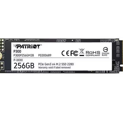 Front view of the Patriot P300 256GB M.2 2280 NVMe SSD with a black PCB, white product label, PCIe Gen3 x4 branding, gold edge connector, and mounting hole against a white background.