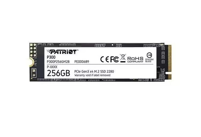 Front view of the Patriot P300 256GB M.2 2280 NVMe SSD with a black PCB, white product label, PCIe Gen3 x4 branding, gold edge connector, and mounting hole against a white background.