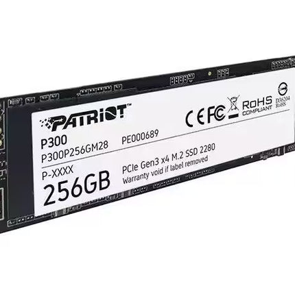 Angled front-left view of the Patriot P300 256GB M.2 NVMe PCIe Gen3 x4 SSD featuring a black PCB, white product label, and gold connector pins against a white background.