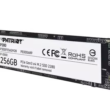 Angled front-right view of the Patriot P300 256GB M.2 NVMe PCIe Gen3 x4 SSD with a black PCB, white product label, visible M.2 connector, and mounting hole against a white background