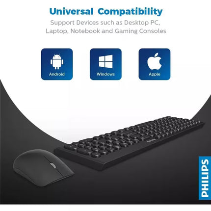 Keyboard and mouse set with compatibility icons for Android, Windows, and Apple devices on a white background.