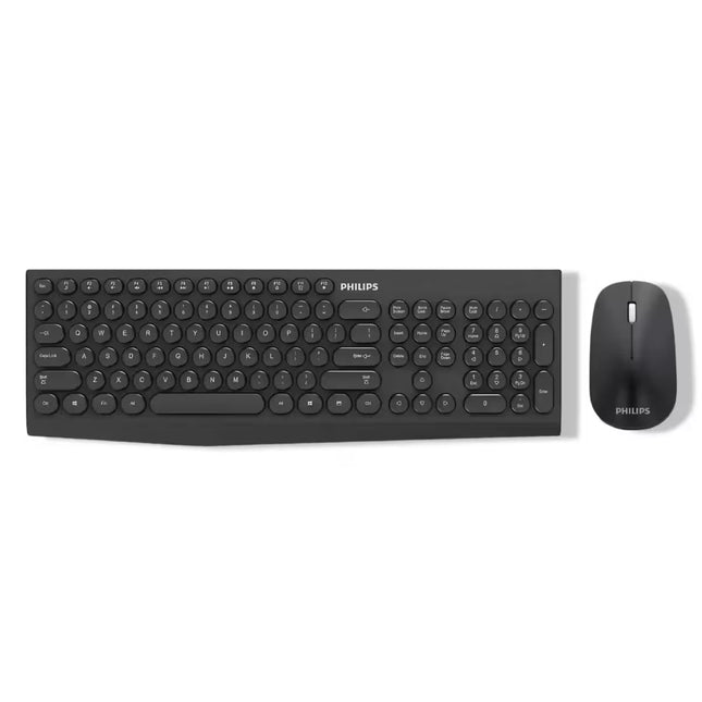 Black keyboard and mouse set on a white background with Philips branding.