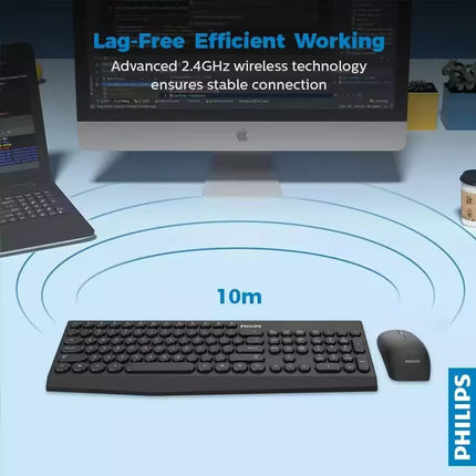 Philips wireless keyboard and mouse set on a desk with computer monitor and smartphone, emphasizing stable connection.
