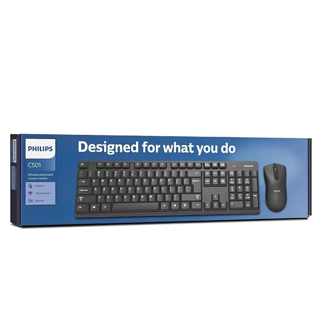 Retail packaging for the Philips C501 rechargeable wireless keyboard and mouse combo. The blue box features a full-size black keyboard with a numeric keypad and a matching wireless mouse, along with the slogan "Designed for what you do." The left side highlights key features, including wireless connectivity, rechargeable design, and long battery life.