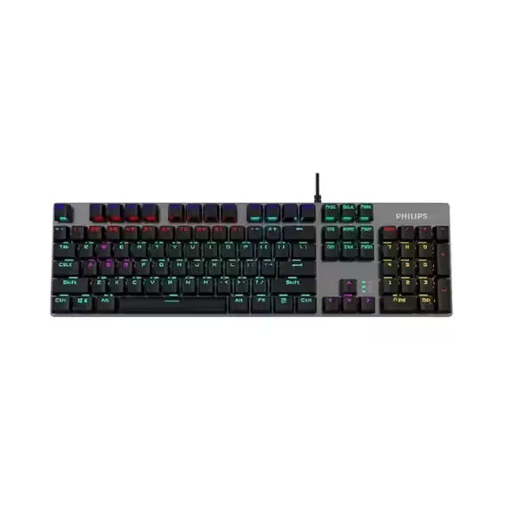Front view of the Philips SPK8404 wired mechanical gaming keyboard featuring a full-size layout with a numeric keypad, floating black keycaps, vibrant RGB backlighting, and a brushed silver aluminum top plate. A braided USB cable exits from the top center for a clean desktop setup.