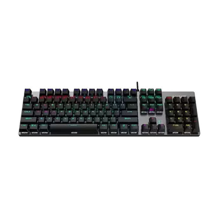 Angled front view of the Philips SPK8404 mechanical gaming keyboard highlighting its floating key design, full-size layout with numeric keypad, RGB lighting effects, and durable brushed metal top plate. The wired USB cable is visible at the top.