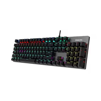 Perspective view of the Philips SPK8404 wired mechanical keyboard showcasing the full-size gaming layout, RGB backlit mechanical keys, numeric keypad, and sleek silver aluminum frame with floating keycaps for enhanced lighting visibility.