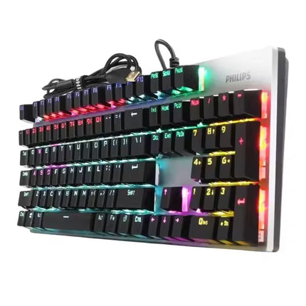 Close-up side angle of the Philips SPK8404 mechanical gaming keyboard displaying the raised floating keycaps, colorful RGB illumination, full-size layout with numeric keypad, and braided USB cable connected at the top.