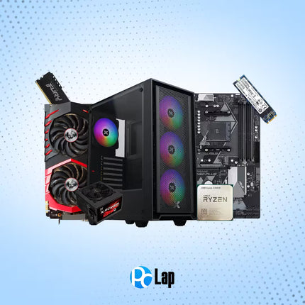 A collage of high-performance gaming computer components on a light blue dotted background, including a black PC case with RGB fans, a red and black graphics card, a CPU, motherboard, power supply, and SSD. The 'PC Lap' logo is visible at the bottom.
