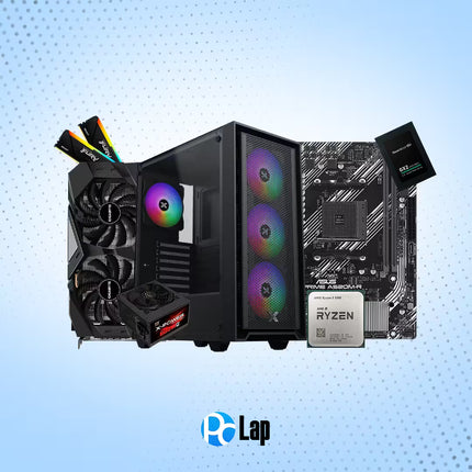 A desktop PC build kit featuring a black gaming PC tower with RGB fans, an ASUS ROG Maximus Ultra LGA 1700 processor, a Corsair RAM module, a graphics card, and a power supply, displayed against a light blue dotted background with the 'PC Lap' logo at the bottom.