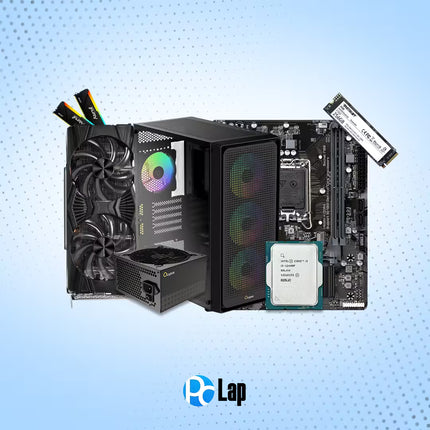A desktop PC build kit featuring a black PC case with RGB fans, a black power supply, a black motherboard, a CPU, and an SSD, arranged on a light blue dotted background with the 'PC Lap' logo at the bottom.