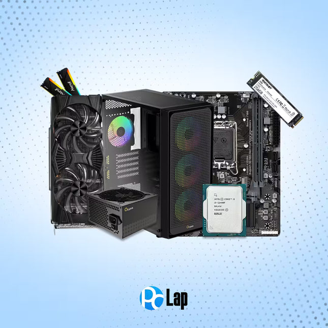 A desktop PC build kit featuring a black PC case with RGB fans, a black power supply, a black motherboard, a CPU, and an SSD, arranged on a light blue dotted background with the 'PC Lap' logo at the bottom.
