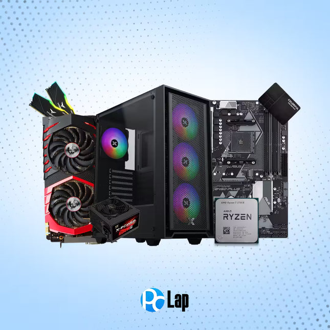 A desktop PC build kit featuring a black computer case with RGB fans, a red and black graphics card, a power supply, a motherboard, and an AMD Ryzen processor, arranged on a light blue patterned background with the 'PC Lap' logo at the bottom.