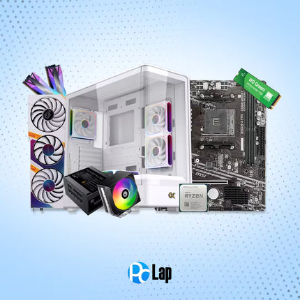 A desktop PC build kit collage on a light blue gradient background with a dotted pattern. The kit includes a white PC case, a black and white motherboard, a green Kingston RAM stick, a CPU cooler with a rainbow RGB light, a black power supply, and three RGB fans.